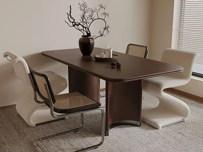 Stylish Interior With Wooden Dining Table Decorative Vase Modern Chairs Rug And Window Blinds 3d model