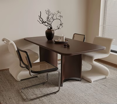 Stylish Interior With Wooden Dining Table Decorative Vase Modern Chairs Rug And Window Blinds 3d model