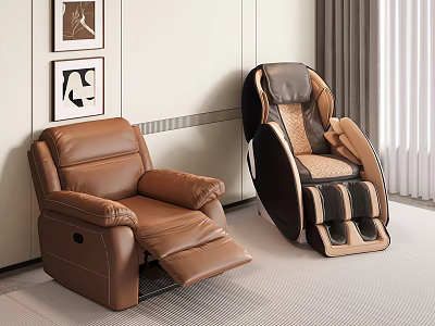 Two Brown Leather And Dark Beige Massage Chairs In Modern Indoor Living Room 3d model