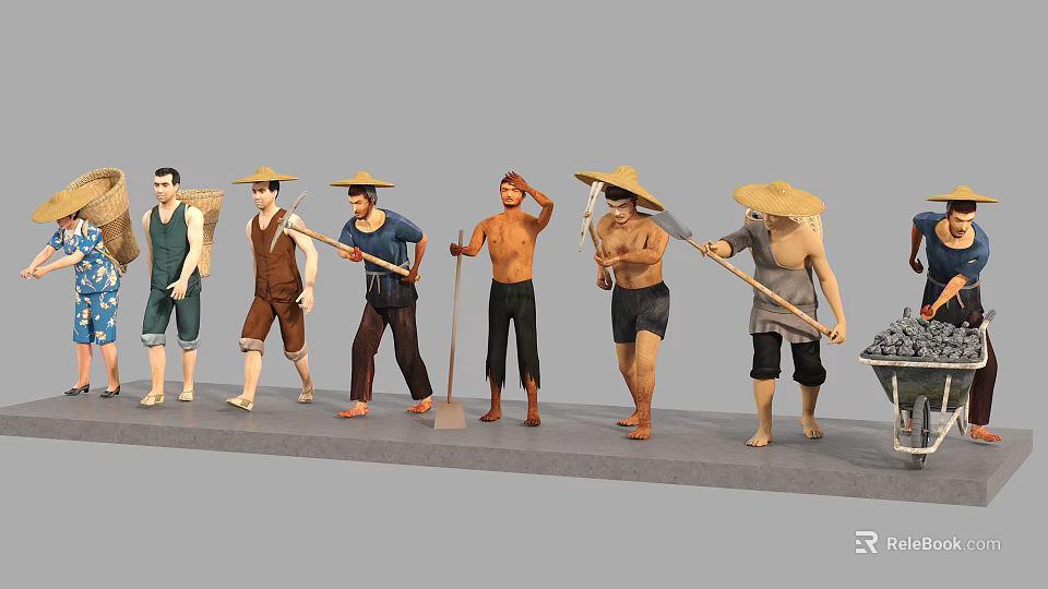 Game Movie Characters Depicting Farmers With Straw Hats And Labor Tools 3d model 