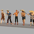 Game Movie Characters Depicting Farmers With Straw Hats And Labor Tools
