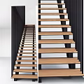 Modern Interior Staircase Design With Wooden Steps And Black Metal Railings Against White Wall