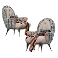 Stylish Patterned Upholstered Accent Chairs With Coral Trim Striped Throw And Plaid Cushion