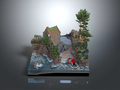 Scenic Cliffside House Architecture With Stream Boat Trees And Natural Greenery 3d model