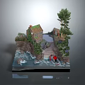Scenic Cliffside House Architecture With Stream Boat Trees And Natural Greenery