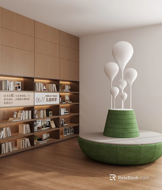 Reading Room With Wooden Bookshelves With Books Green Circular Sofa And White Balloon Shaped Decorations 3d model 