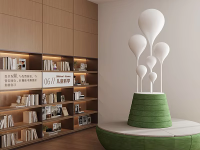 Reading Room With Wooden Bookshelves With Books Green Circular Sofa And White Balloon Shaped Decorations 3d model