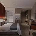Modern Hotel Room Interior With Comfortable Bed TV Wooden Cabinets And Work Desk