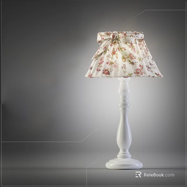 White Base Table Lamp With Pink Floral Lampshade And Bow Detail 3d model 