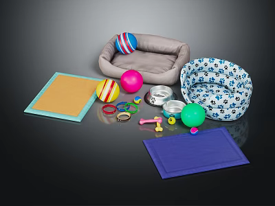 Pet Supplies with Soft Beds Colorful Balls Food Bowls Mats and Small Toys 3d model