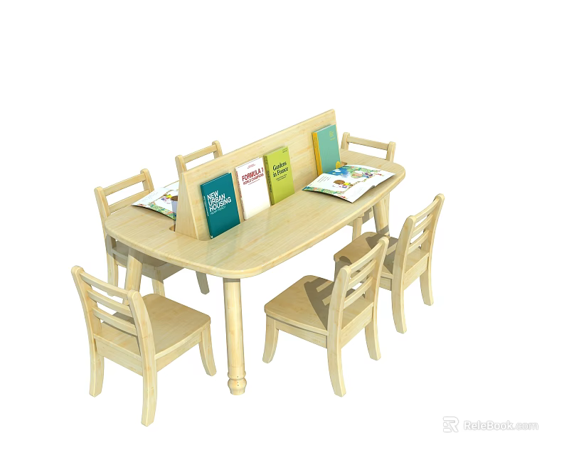 Functional Wooden Table with Chairs and Books for Kids Learning Activity 3d model 