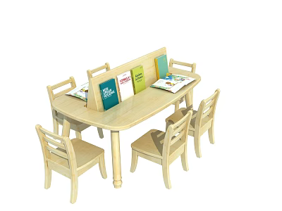Functional Wooden Table with Chairs and Books for Kids Learning Activity 3d model