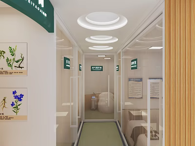 Beauty Hair Salon Corridor With Green Signs Plant Paintings Glass Doors And Round Ceiling Lights 3d model