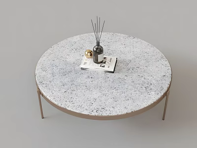 Modern Round Coffee Table With White Speckled Surface Gold Metal Legs And Diffuser On Top 3d model