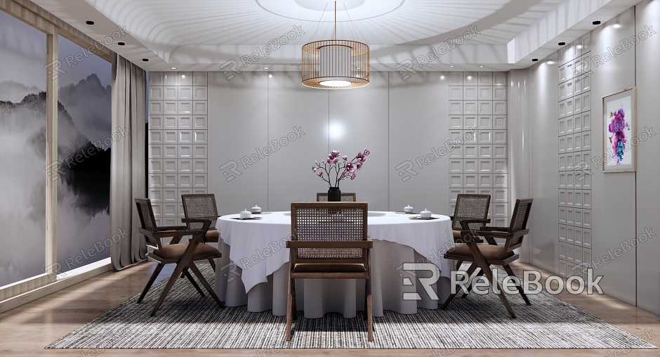 New Chinese Style Room Elegant Restaurant Box Hotel Dining Room Round Dining Table and Chair Combination Grille Background Wall Magnolia Flower Vase Flower Art model