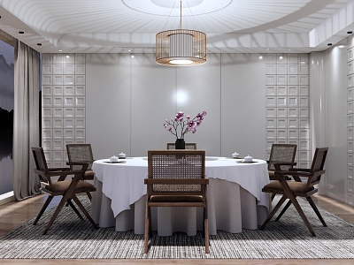 New Chinese Style Room Elegant Restaurant Box Hotel Dining Room Round Dining Table and Chair Combination Grille Background Wall Magnolia Flower Vase Flower Art model