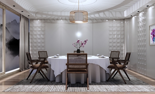 New Chinese Style Room Elegant Restaurant Box Hotel Dining Room Round Dining Table and Chair Combination Grille Background Wall Magnolia Flower Vase Flower Art 3d model