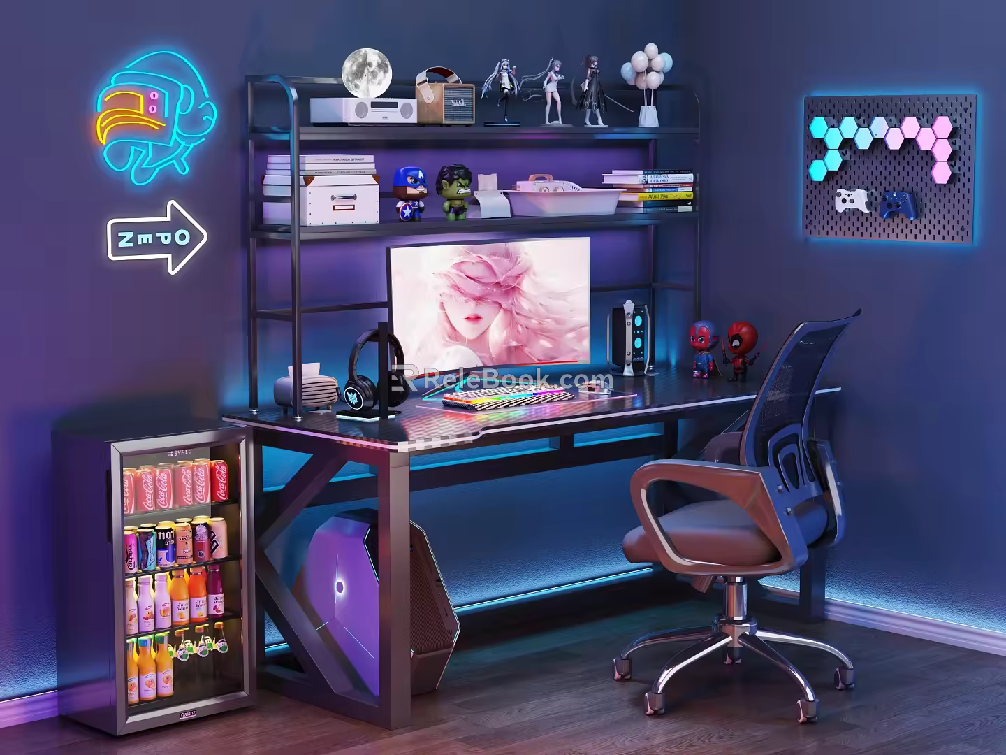 Modern E-sports Table and Chair Desk and Chair E-sports Room Computer Table and Chair Bookshelf Cyberpunk Computer Ornaments Combination Computer Host Monitor Speaker Small Refrigerator 3d model