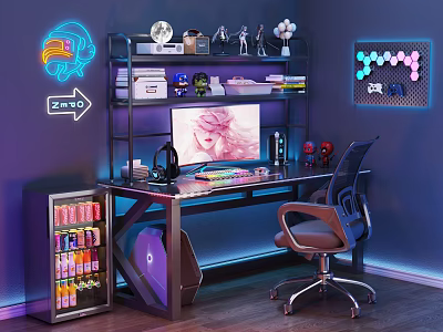 Modern Gaming Desk Setup with Neon Lights Computer Monitor Gaming Chair and Mini Fridge 3d model