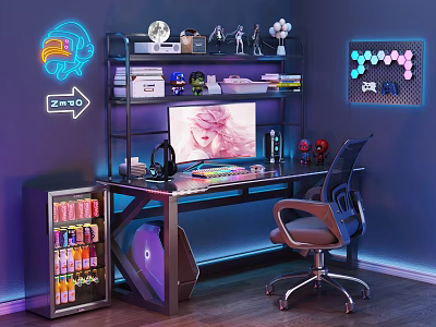 Modern E-sports Table and Chair Desk and Chair E-sports Room Computer Table and Chair Bookshelf Cyberpunk Computer Ornaments Combination Computer Host Monitor Speaker Small Refrigerator 3d model