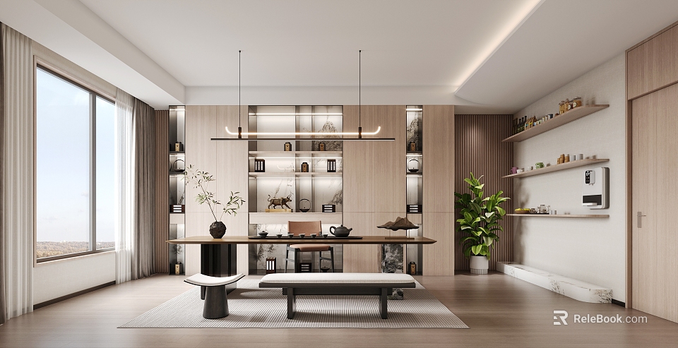 Modern Tea Room Interior With Wooden Display Shelves Tea Sets Long Table And Green Plant 3d model 