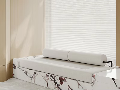 Upholstered Bench with White Upholstery and Marble Base Red Veins Near Window with Roller Blinds 3d model