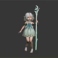 Woman With White Hair Green Eyes In Light Green Dress Holding Green Staff