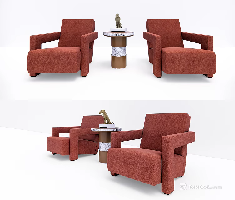 Modern Casual Sofa Set With Red Fabric Upholstery And Side Table Decor Items 3d model
