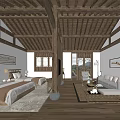 Traditional Chinese Hotel Room Interior With Wooden Ceiling Bed Sofa Windows And Decorative Paintings