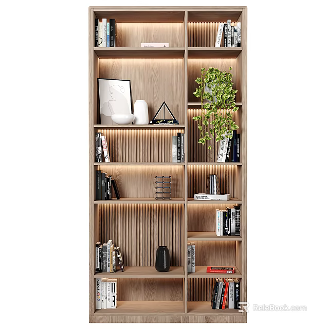 Modern Wooden Bookcase with Shelves Books Green Plant And Decorative Lighting 3d model 