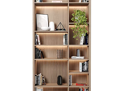 Modern Wooden Bookcase with Shelves Books Green Plant And Decorative Lighting 3d model
