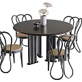 Modern Round Black Dining Table Set with Beige Cushioned Chairs and White Vase 3d model