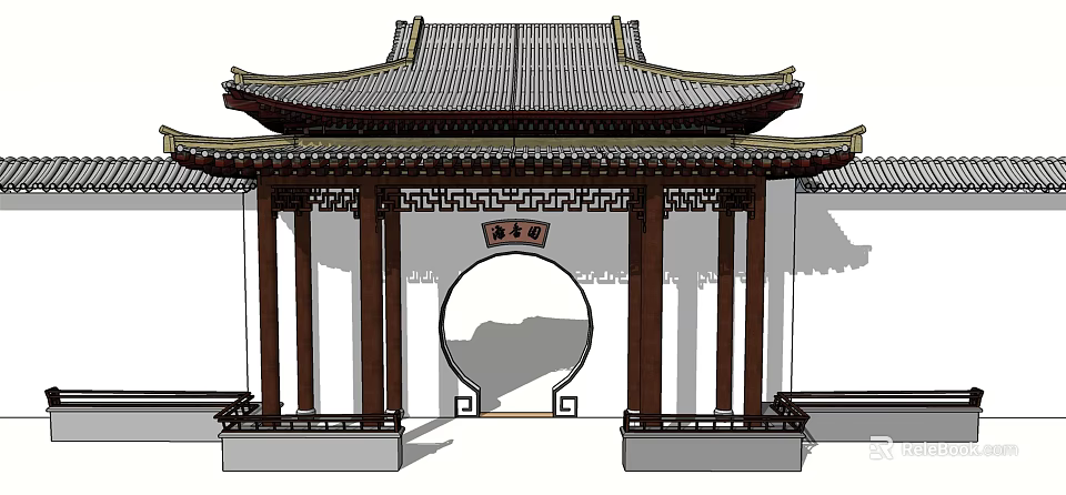 Traditional Chinese Style Entrance Gate With Curved Roof Circular Doorway And Wooden Pillars 3d model 