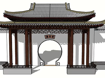 Traditional Chinese Style Entrance Gate With Curved Roof Circular Doorway And Wooden Pillars 3d model