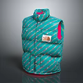 Turquoise Striped Puffer Vest With Brand Label And Pink Lining Details