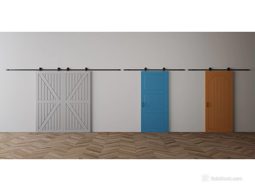 Different Colored Barn Doors Wall Mounted With Sliding Track On Wooden Floor 3d model 