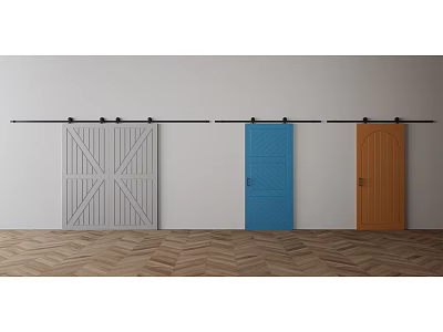 Different Colored Barn Doors Wall Mounted With Sliding Track On Wooden Floor 3d model