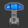 Modern Interactive Terminal With Blue Digital Display And Stand Design