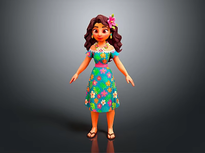 Cartoon Female Character With Long Brown Hair Pink Flower Hairpiece Turquoise Floral Dress Sandals 3d model