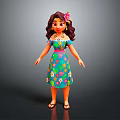Cartoon Female Character With Long Brown Hair Pink Flower Hairpiece Turquoise Floral Dress Sandals