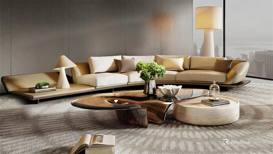 Modern Beige L Shaped Sofa Set With Throw Pillows Floor Lamp And Coffee Table 3d model 