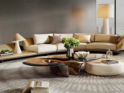 Modern Beige L Shaped Sofa Set With Throw Pillows Floor Lamp And Coffee Table 3d model