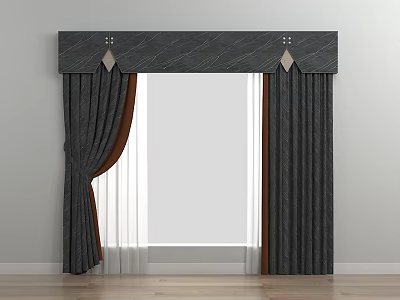 Elegant Dark Gray Patterned Curtains With Brown Accents Valance Top And Sheer Lining 3d model