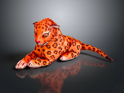 Orange Leopard Plush Toy With Black Spots In Lying Pose On Smooth Surface 3d model