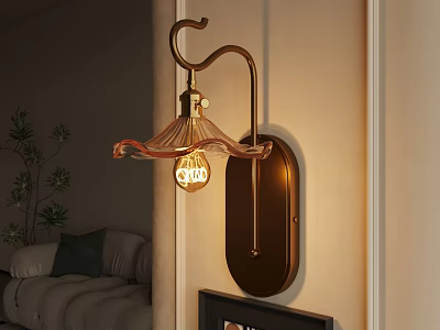 Copper Curved Bracket Wall Lamp With Fan Shaped Shade And Vintage Bulb In Warm Living Room 3d model