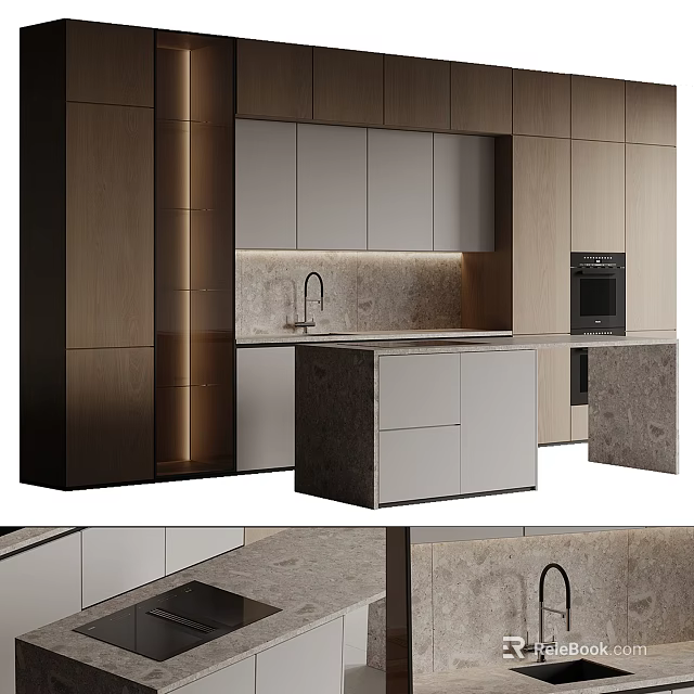 Modern Kitchen Interior With Wooden Gray Cabinets Marble Island And Appliances 3d model 