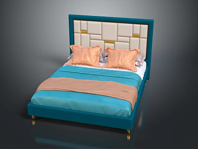 Modern Double Bed With Teal Headboard White Gold Square Patterns Orange Pillows Blanket And Bedspread 3d model
