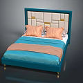 Modern Double Bed With Teal Headboard White Gold Square Patterns Orange Pillows Blanket And Bedspread