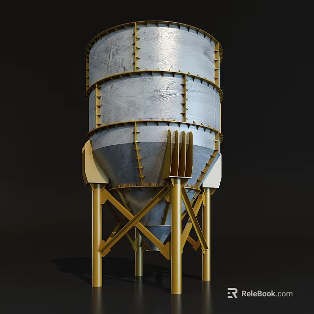 Industrial Storage Silo With Metal Riveted Surface And Yellow Steel Frame Support 3d model 