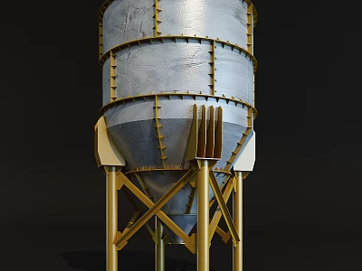 Industrial Storage Silo With Metal Riveted Surface And Yellow Steel Frame Support 3d model